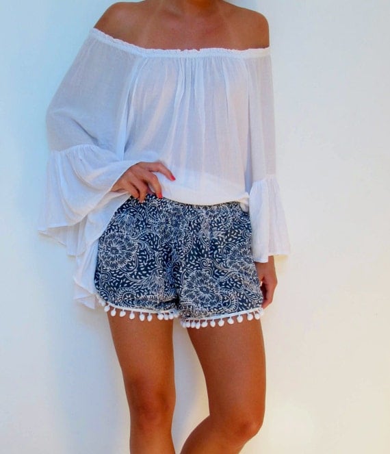 shorts pom trim pom pom's Pom   Shorts pom Pom Loose Fit White Patterned with Print Navy