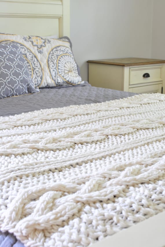 Queen Size Chunky Cable Knit Blanket in Cream by CampKitschyKnits