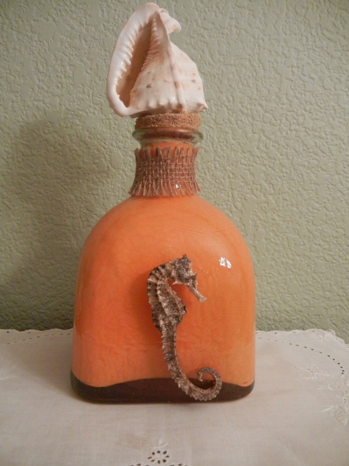 Seashell Bottle Decorative Orange Glass Bottle with Seashell