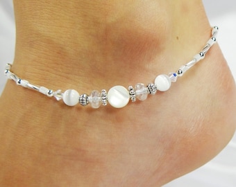 Anklet, Ankle Bracelet, White Mother of Pearl Cat Eye Fiber Optic Beaded Anklet Swarovski Crystals, Beach Vacation Resort Cruise Pool Summer