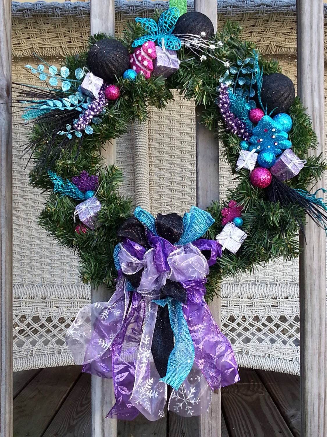 Shades of Purple, Teal and Black Holiday Wreath