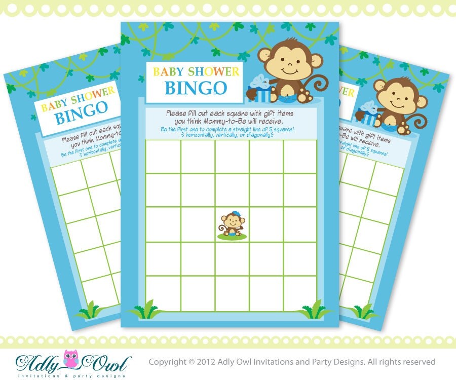 Blue Boy Monkey Bingo Game Printable Card for Baby Boy Shower