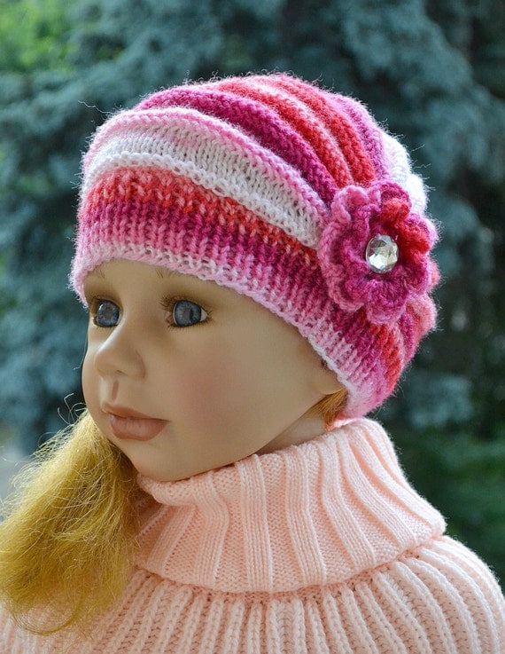 Knitted Children's hat/cap red pink cream fuchsia color  flower lovely warm cozy Children 5-8 years