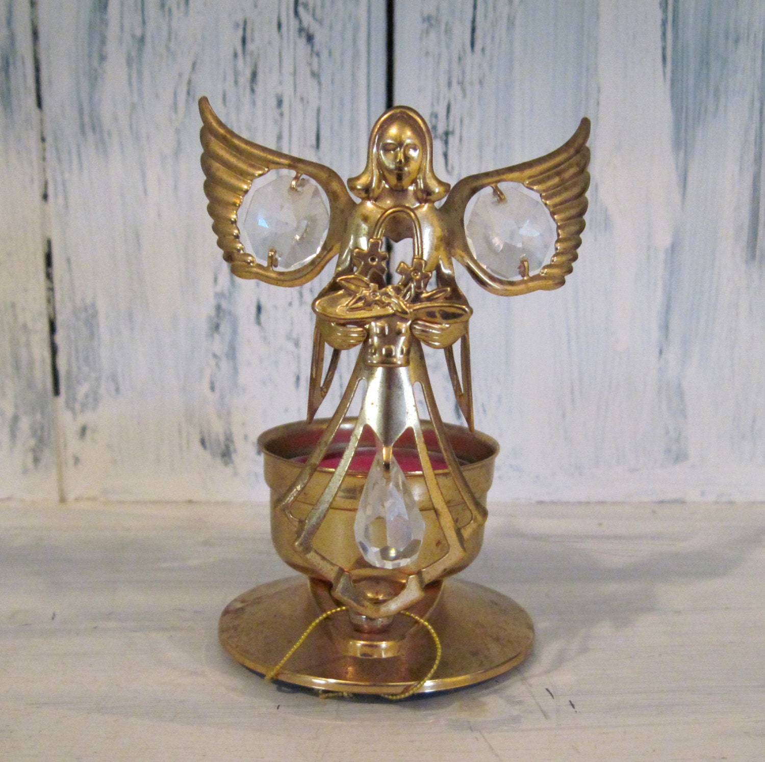 Vintage 24K Gold plated angel candle holder Austrian crystal