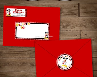 Mickey Mouse Address Labels and Envelope Seal - Red Yellow Black Mickey Envelope Lables - Mickey Invite Party Pack - My Celebration Shoppe
