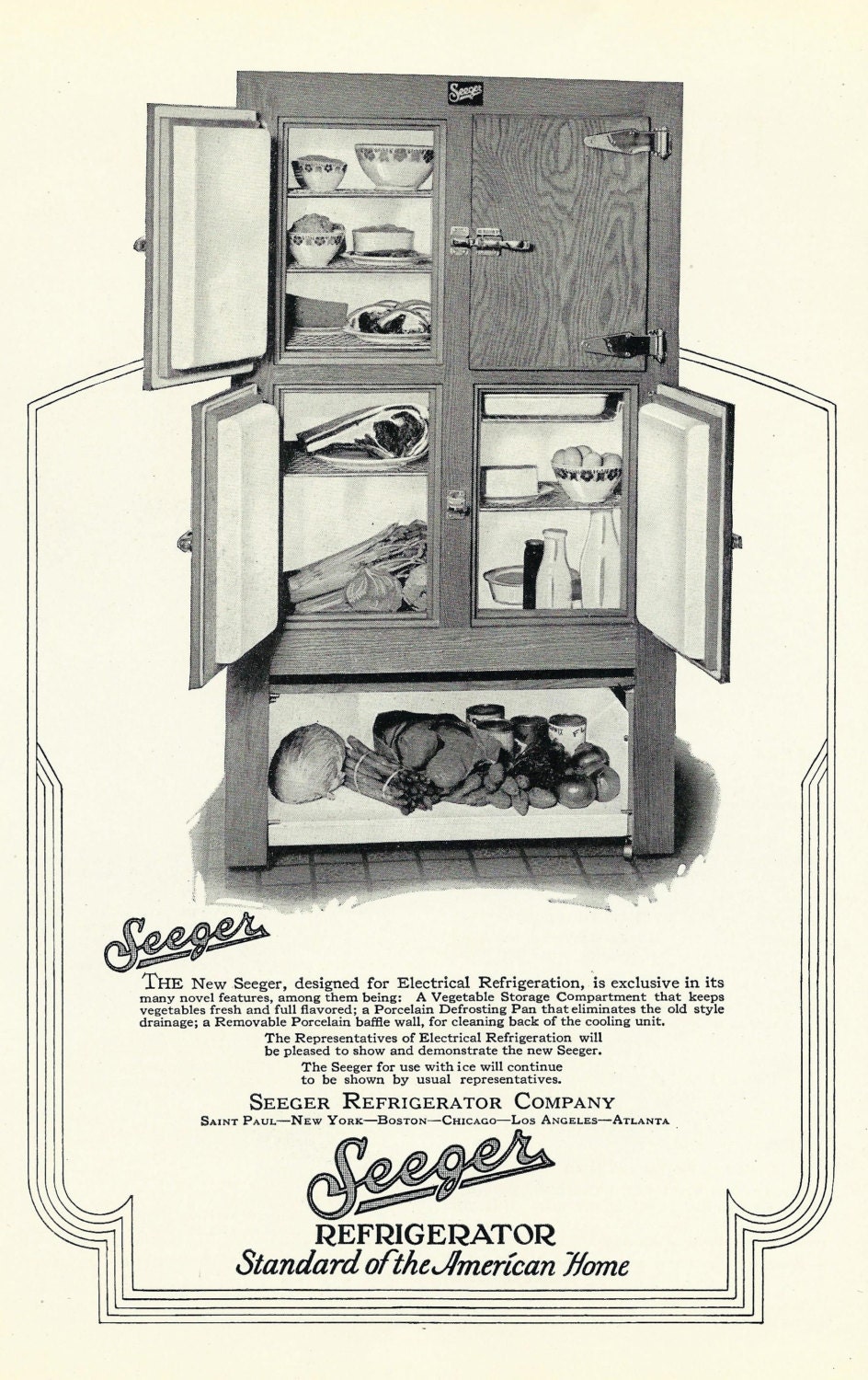 Vintage Refrigerator Ad 1920's Antique American Seeger
