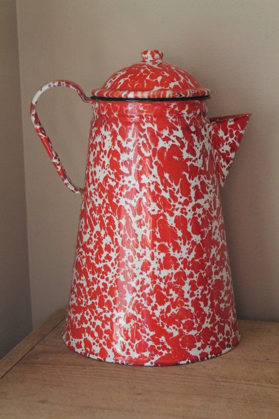 Vintage / Antique Graniteware Red Splatter Enamel / Swirl