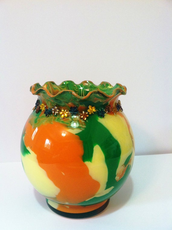 Marbled Painted Glass Vase/ Fall Leaves Ivy Bowl/ Fall Home