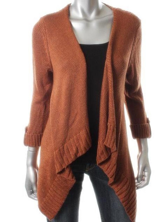 Sz M Brown Copper Long Drapey BOHO Knit Sweater 3/4 sleeve