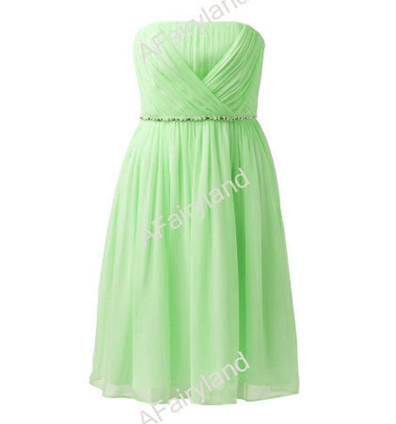 Lime green chiffon bridesmaid dress party dress with pleat in knee-length