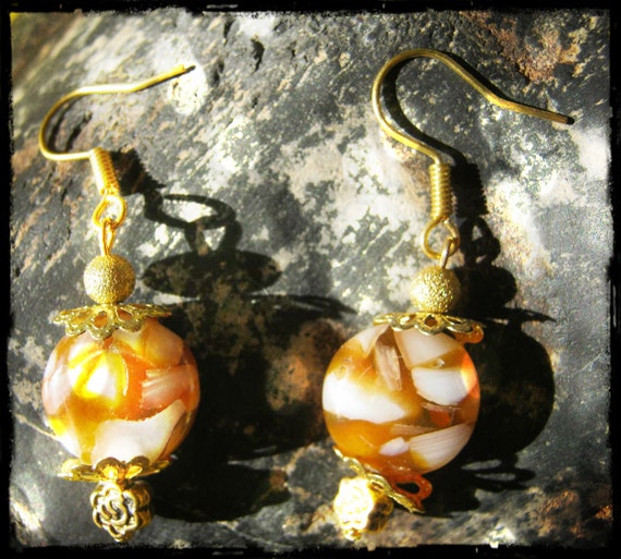 Handmade Gold Hook Earrings with Harlequin Agate Coins & Rose by IreneDesign2011