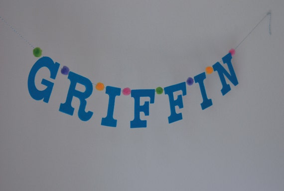 Custom Teal Blue w/ Rainbow Pom Poms / Felt Garland Baby Name Banner / Other Colors Available / Handmade Personalized Party Banners Il_570xn