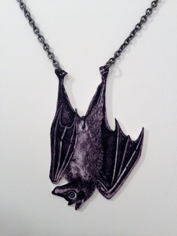 Hanging Bat Necklace black nickel vintage bat by PamelaGriceArt