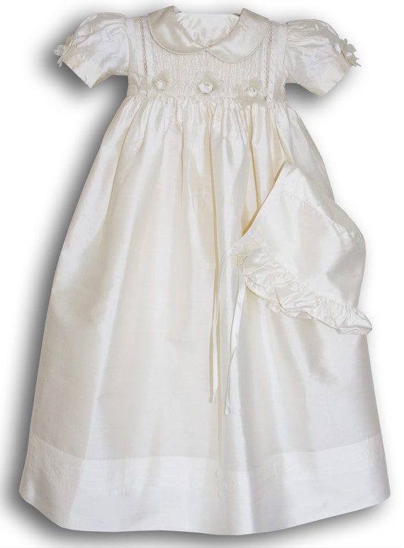 Items similar to Silk baby Christening Gown, with 3 detailed flowers ...