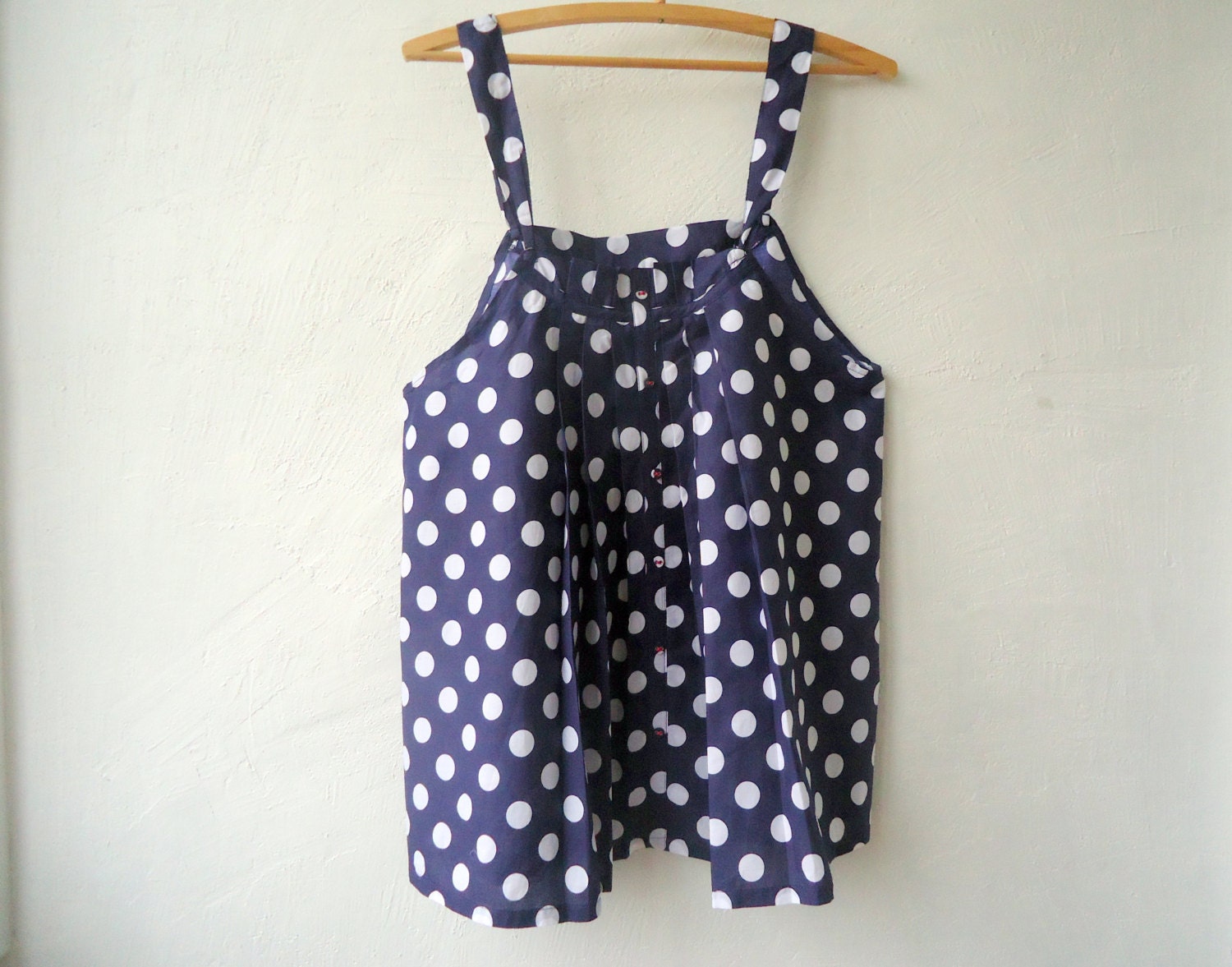 Navy Blue and White Polka Dot Top Pleated Summer Sleeveless Blouse Open ...