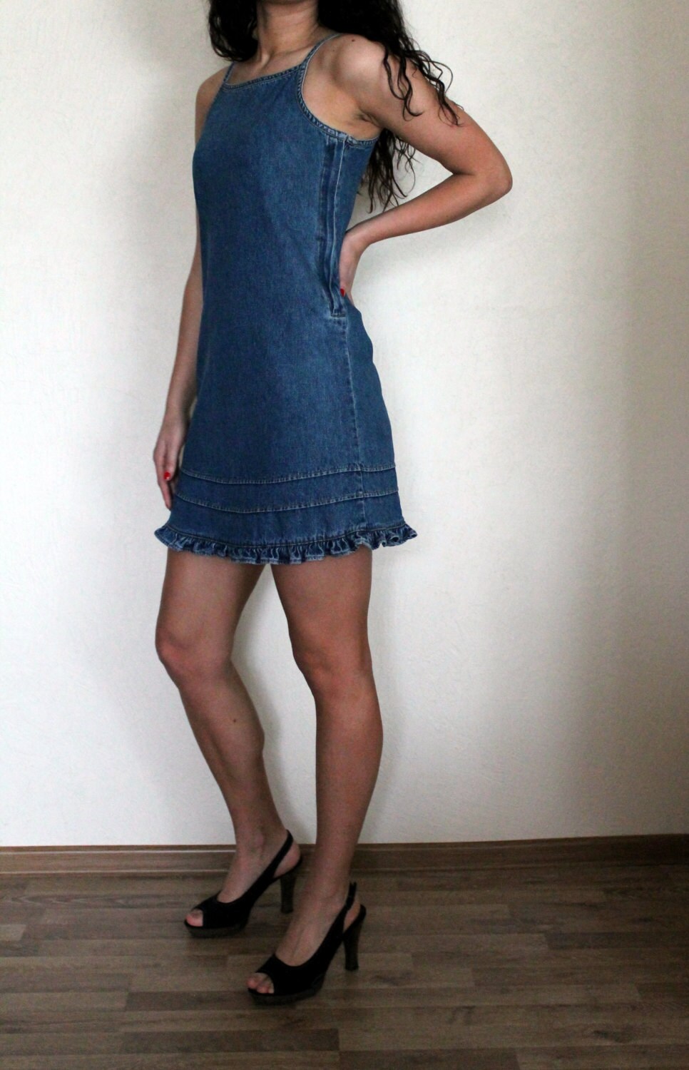Vintage Denim Dress Blue Denim Jumper Mini Dress by VintageAgency