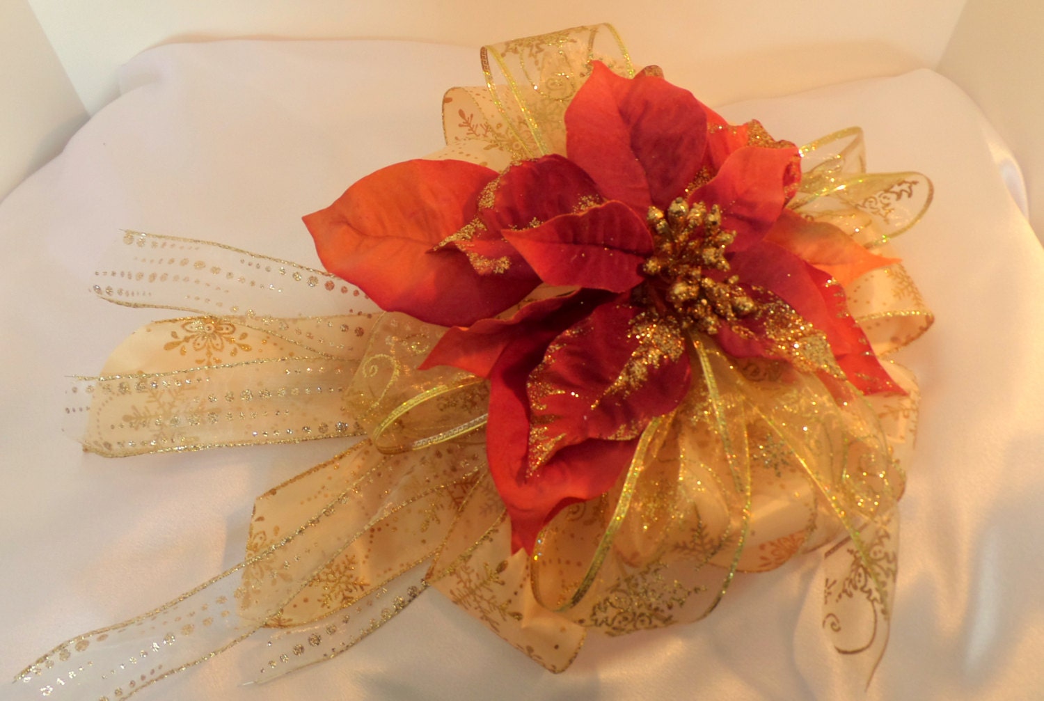 Gold Glitter fabric 14 Loop Bow Apricot Pointsettia Velvet Glitter Center Bow