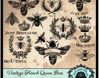 Bee Clipart, Queen Bee Clipart, Vintage French Wreath Clipart, Crown Clipart. Bee Sayings. SVG, AI and EPS Files