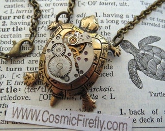 Steampunk Necklace Brass Turtle Necklace Vintage Watch Movement Nautical Sealife Jewelry Antiqued Brass Rolo Chain Handcrafted Jewelry