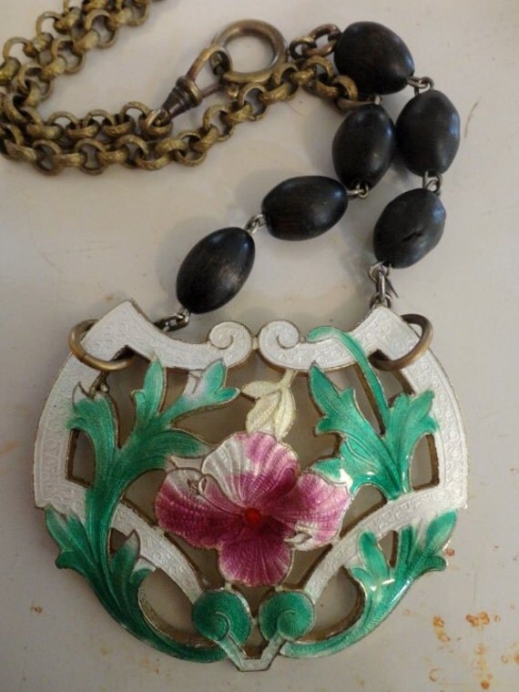 Vintage Enamel Necklace pendant Nouveau open work flowers Black wood