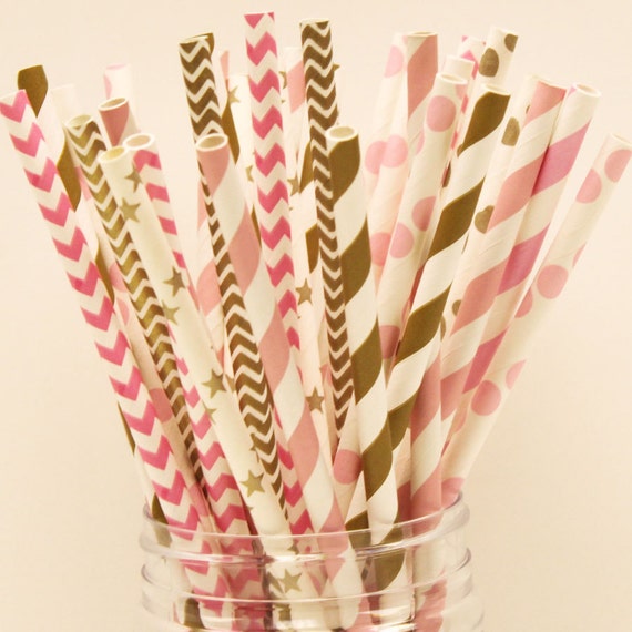Paper Straws, 25 Pink & Gold Paper Straws, Blush, Pink and Gold Straw Baby Shower, Pink and Gold Birthday, Gold Weddings, First Birthday, Il_570xn