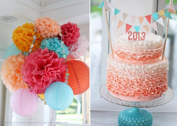 Party Cake Topper / Baby Shower Cake Topper Girl / Coral and Teal Baby Shower / Coral and Turquoise Wedding / Wedding Cake Topper Il_570xn