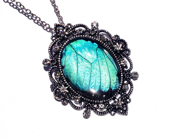 Great Gatsby Jewelry REAL BUTTERFLY WING Blue Morpho Vampire diaries Aqua aura necklace 1920s victorian pendant Turquoise statement necklace