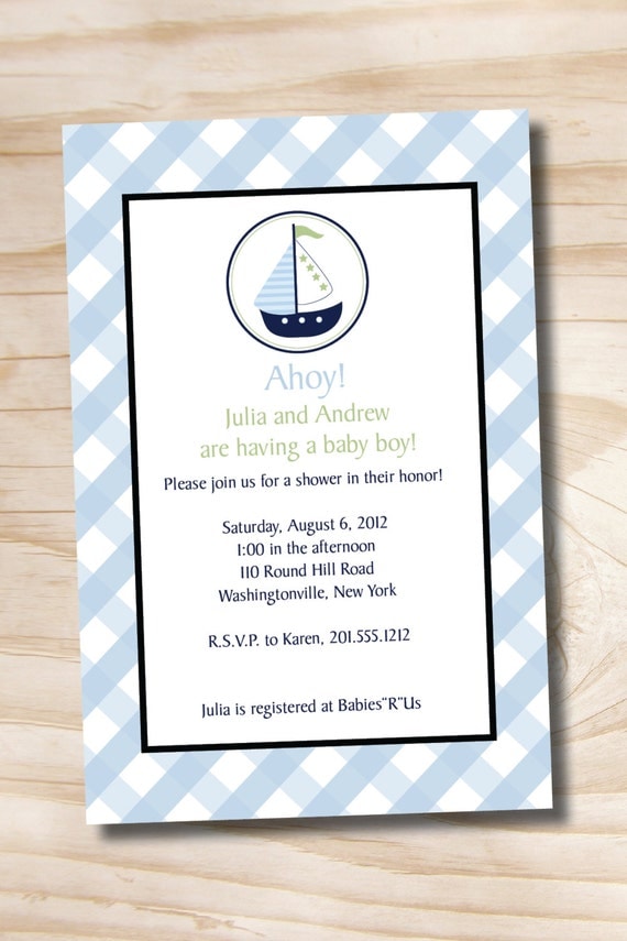 AHOY Gingham Nautical Sailboat Custom Baby Shower Invitation Digital