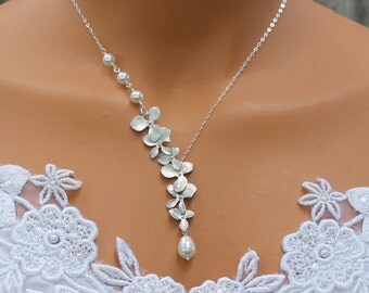Orchid Necklace Pearl Necklace Silver Orchids Wedding Jewelry Bridesmaids Necklace Bridesmaid Gift Pearl Wedding Jewelry Bridal Jewelry