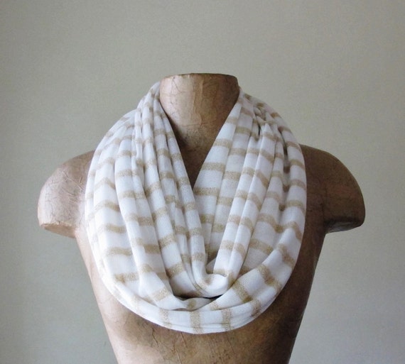 Gold and White Striped Infinity Scarf - Lightweight Sweater Knit Scarf ...