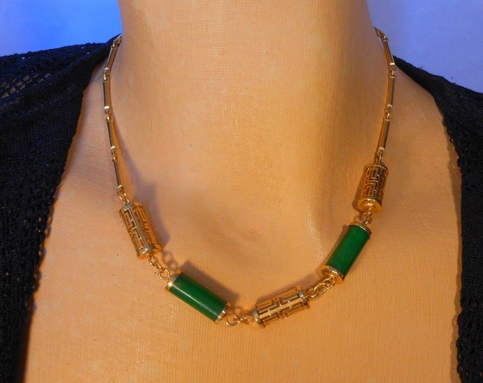 Sarah Coventry necklace, Faux Jade named Oriental Lanterns faux jade green tubes and gold filigree tubes on a chain, 1978 book piece