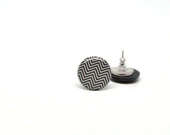 Stud earrings chevron black and white polymer clay ear posts 15mm round