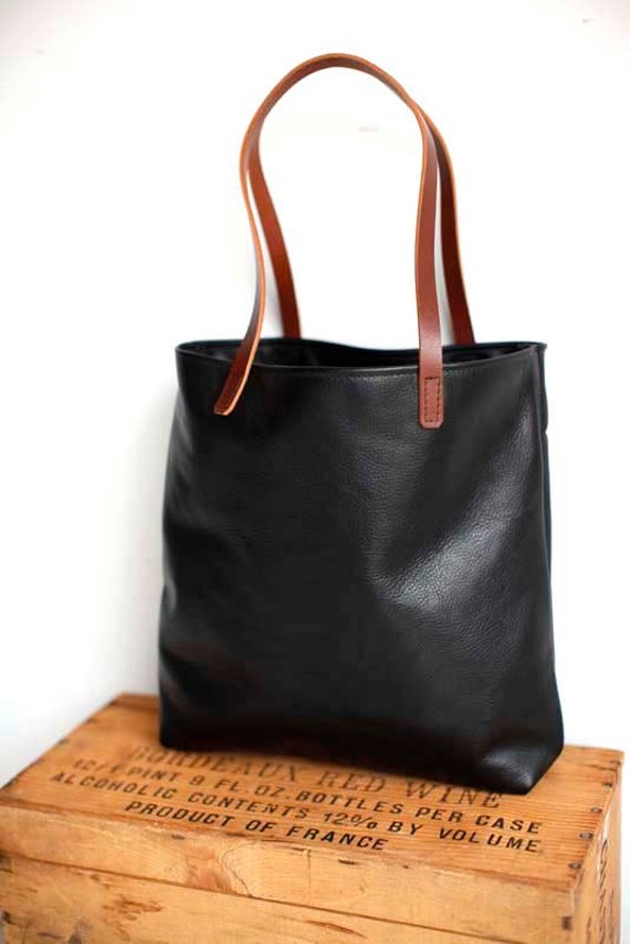 Supple Black Leather Tote Bag with Brown leather straps by sord