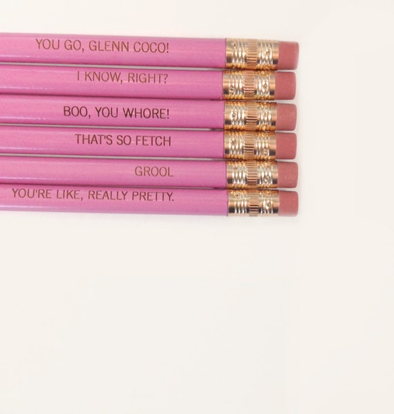 mean girls assorted engraved pencil set 6 lavender pencils. that is So fetch. I know right.