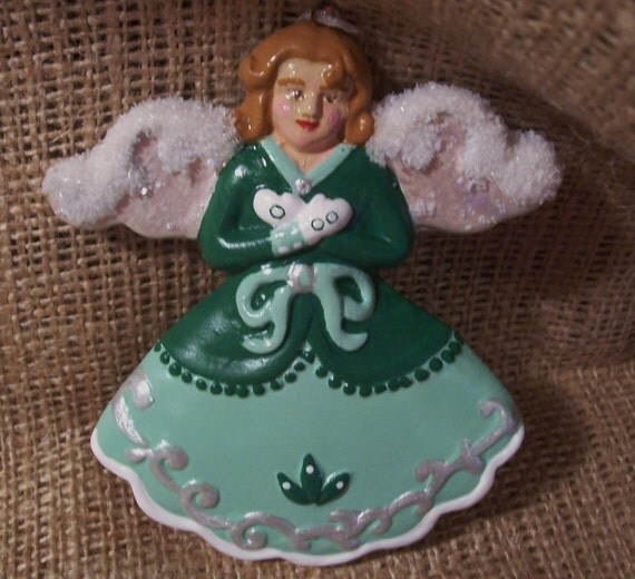 Green Angel Ornament OOAK hand painted glistening wings