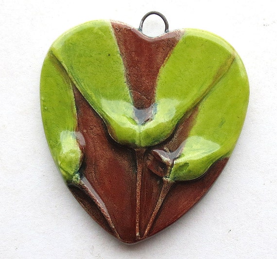 SALE  Pendant Maple Leaf Seed Pods Heart Hand painted Ceramic Lime Green and Mahogony