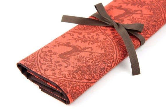 Large Knitting Needle Case Organizer - Lineage Coffee - 30 brown pockets for straight, circular, double point needles or paint brushes
