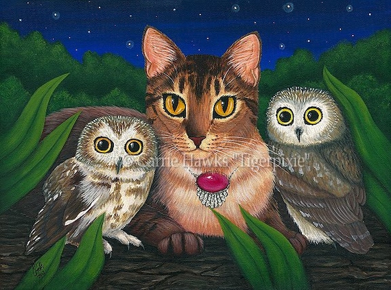 Cat Owls Art Original Cat Painting Midnight Watching Forest Fantasy Cat Art Original Canvas Painting 12x16