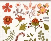 Fall Foliage Clip Art, Autumn Foliage Clip Art, Fall Flowers Clipart, Orange Fall Flowers Clip Art Kit, PNG Digital Images, Digital Scraps