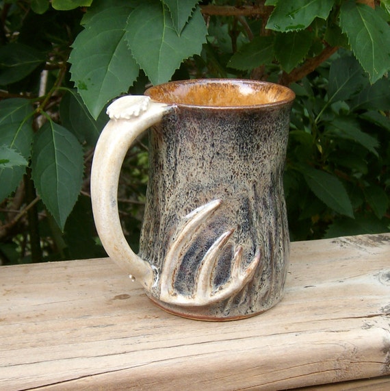 deer antler handle stoneware pottery hunters mug ceramic gift