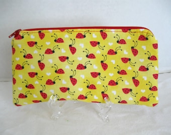 Ladybug Zipper Pouch - Padded Gadget Case -Ladybugs Zip Pouch - Yellow Red School Supply Case