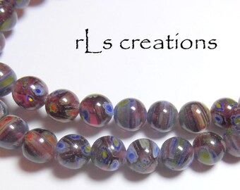 Millefiori Purple-Brown Beads with Blue and Red Flowers 7mm-8mm Round #2