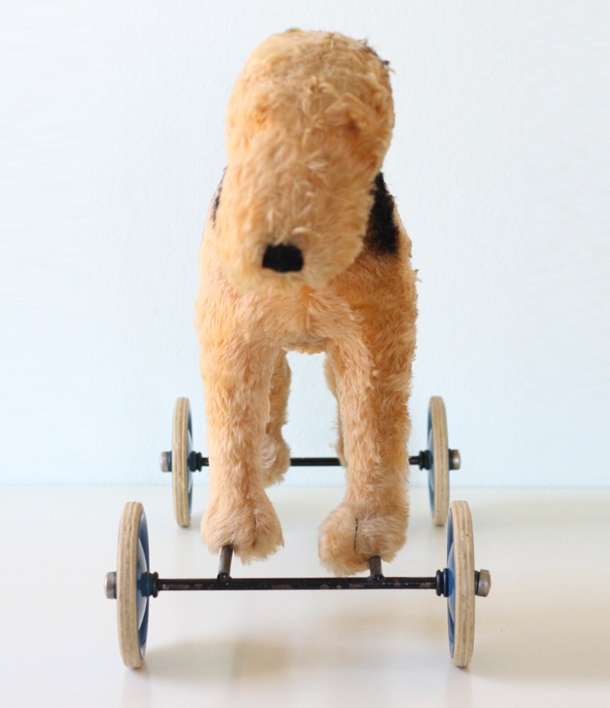 toy dog on wheels with lead