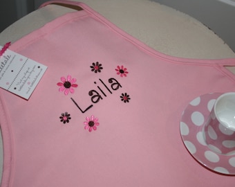 Sweet Daisy--Custom Embroidered Youth Apron--2 sizes available--Pink, Brown or Turquoise