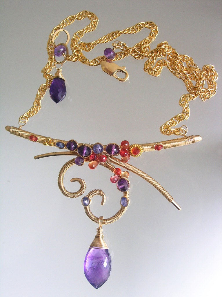Amethyst Artisan Gold Filled Necklace Tanzanite Curved Bar