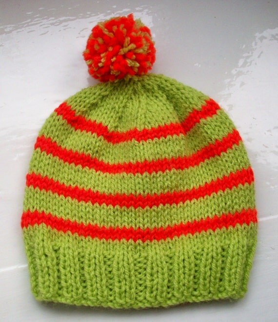 child's hat, pompom, vegan knit, lime green and chilli pepper