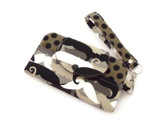Wallet / Cell Phone Wallet / Wristlet Wallet / Zippered Pocket / ID Window Wallet / Errand Runner - Mustache, Black, Tan, Cream