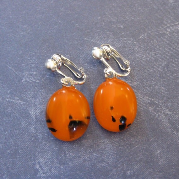 Dangle Clip On Earrings Orange and Black Non Pierced