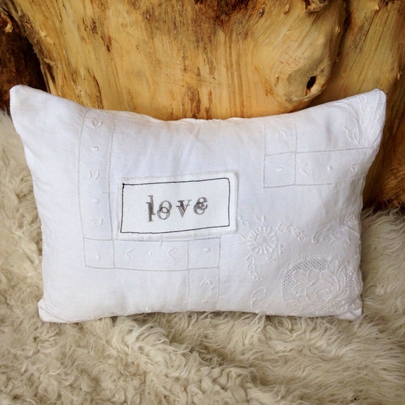White linen love letter pillow by pillowhappy on Etsy