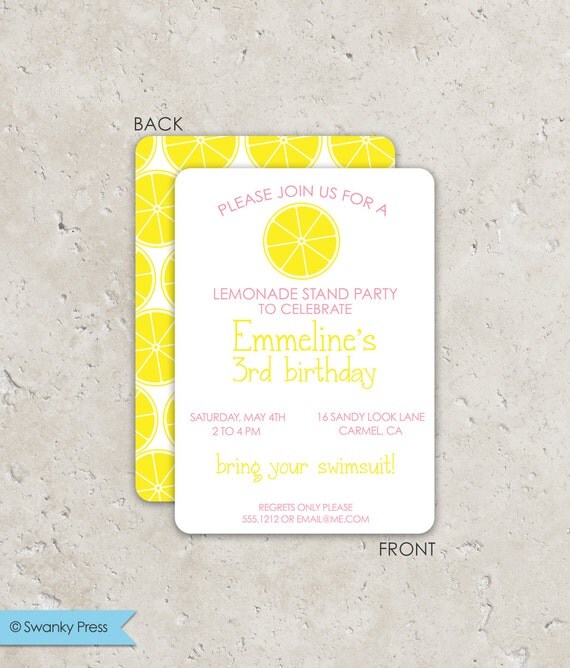 Lemonade Stand Birthday Invitations . Bright Modern 2 sided